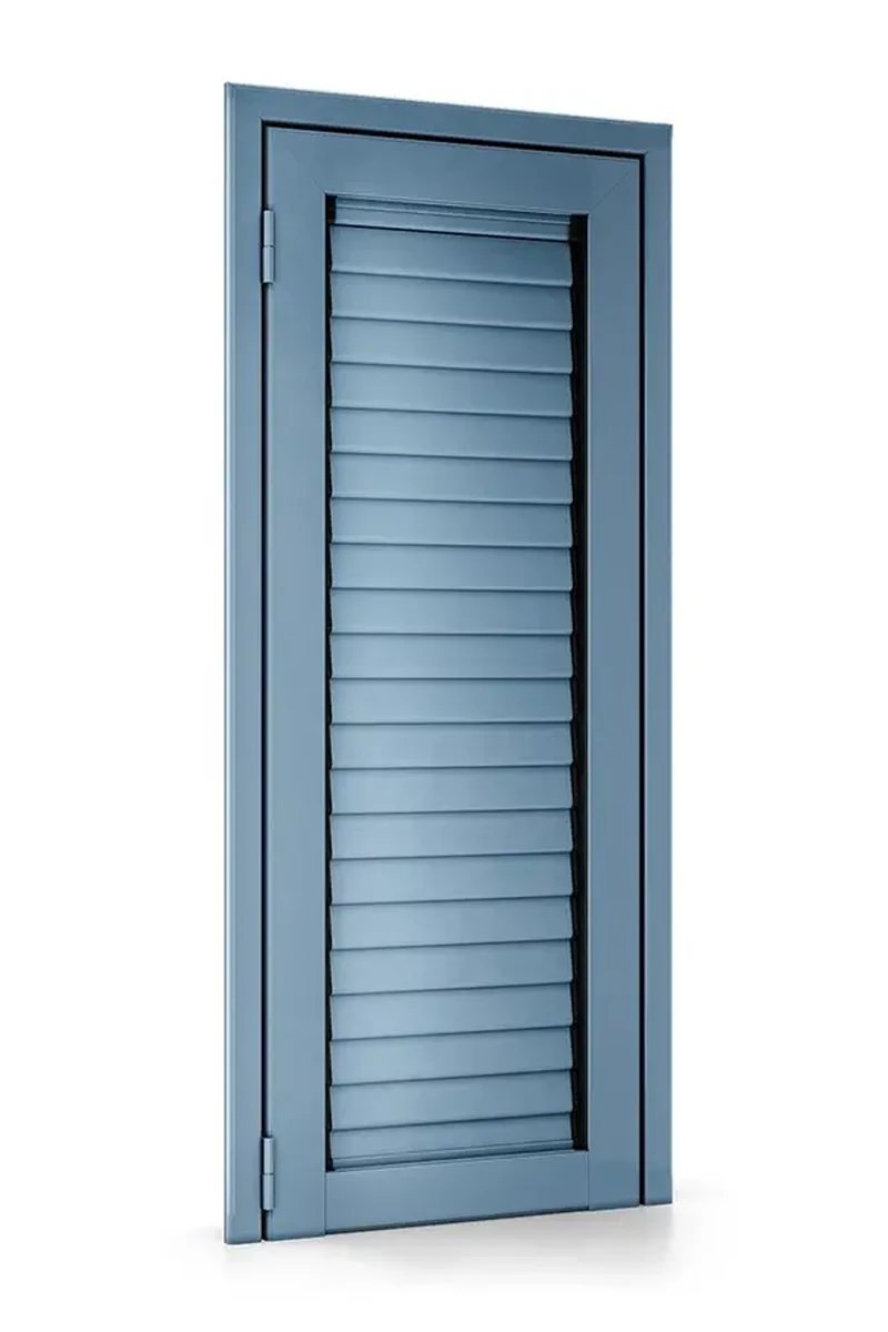 Aluminium window shutter in a blue-greenish color.