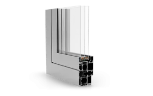 A cross-section of a white UPVC window frame showing multiple chambers, insulation layers, and double-glazed glass panes.