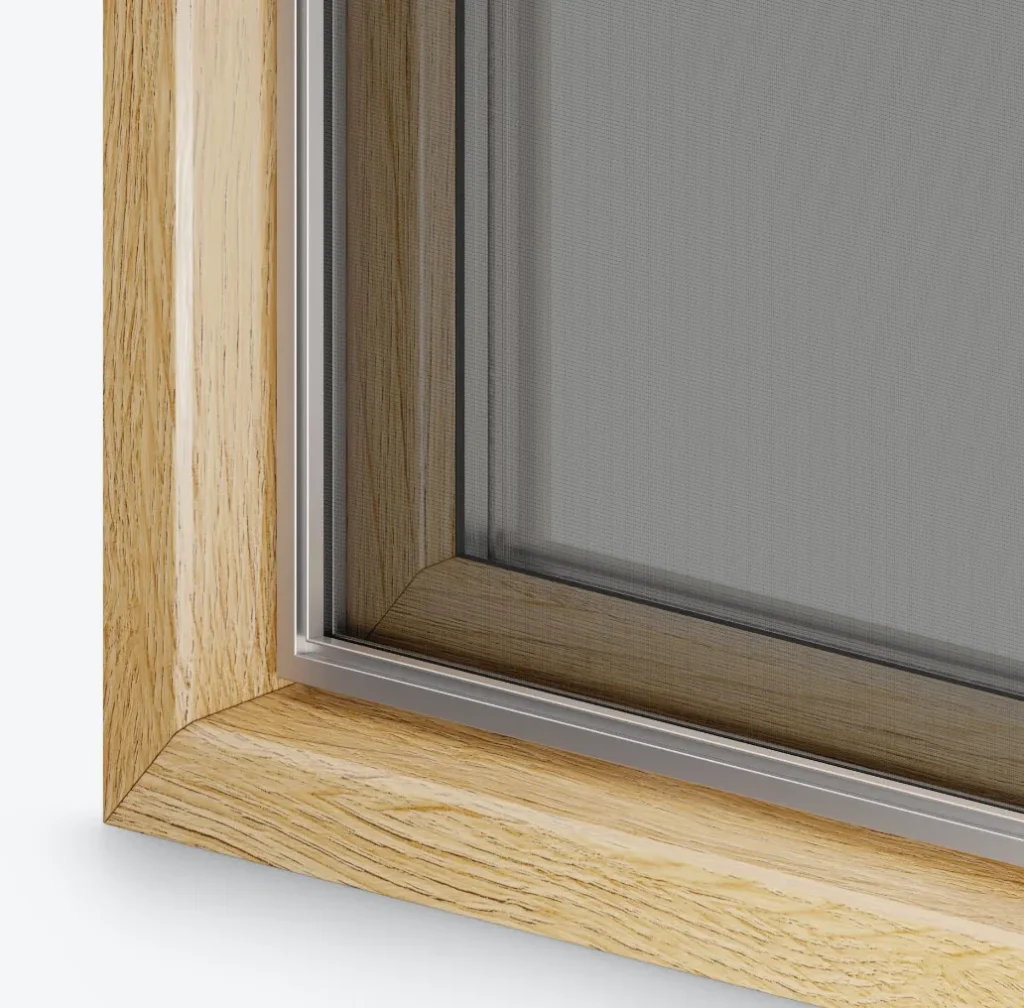 Insect screen frame detail in wood decor