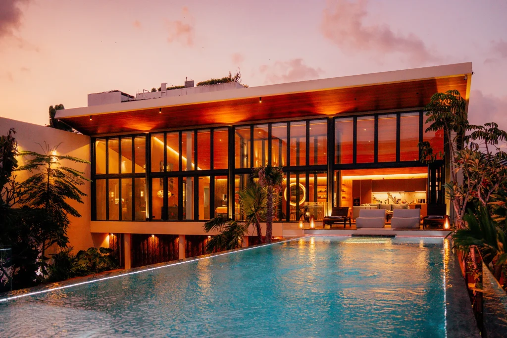 Night view of Private House with pool in Bali, with Double Glazed Windows