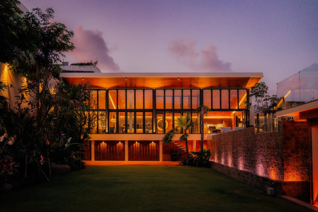 Night view of Private House with pool in Bali, with Double Glazed Windows