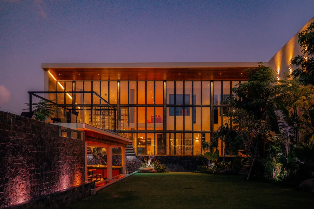 Night view of Private House with pool in Bali, with Double Glazed Windows