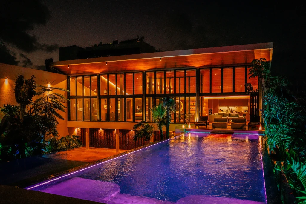 Night view of Private House with pool in Bali, with Double Glazed Windows