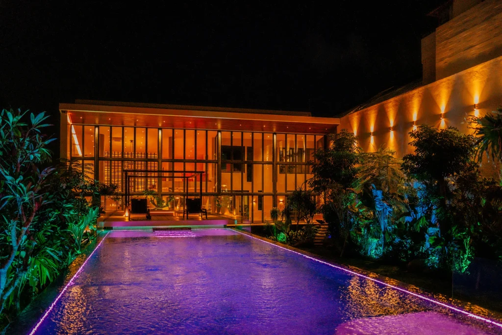 Night view of Private House with pool in Bali, with Double Glazed Windows