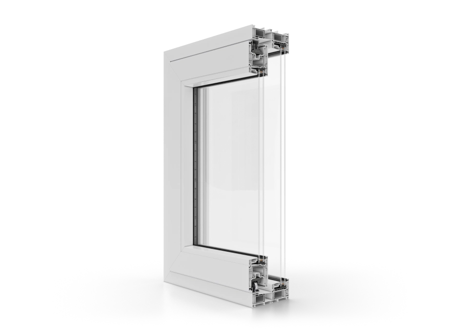 A white, double-glazed window section is shown at an angle, displaying the frame, glass panes, and cross-sectional details of the window structure against a plain white background.