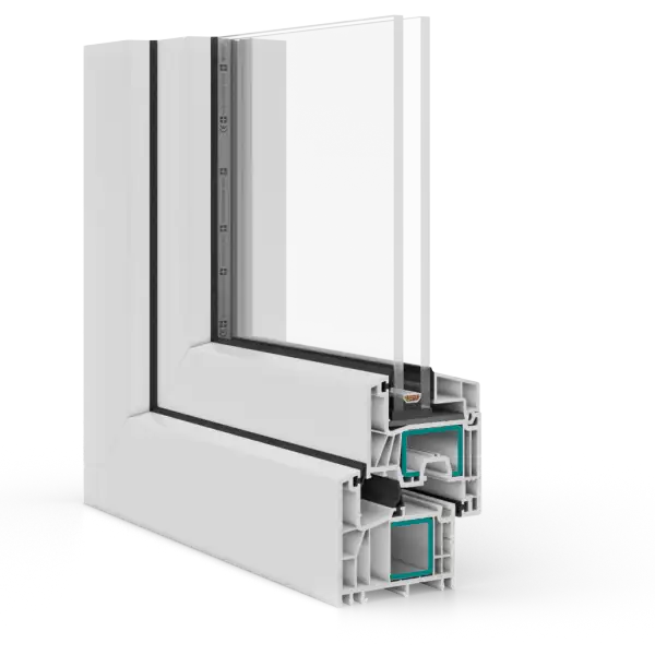 A pair of closed, UPVC double doors in wood decor with a vertical metal handle, set in a stone wall entrance. Smooth stones line the threshold and textured stone surrounds the doorway.