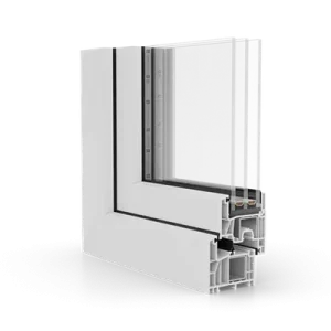 A cross-section of a white UPVC window frame showing multiple chambers, insulation layers, and double-glazed glass panes.