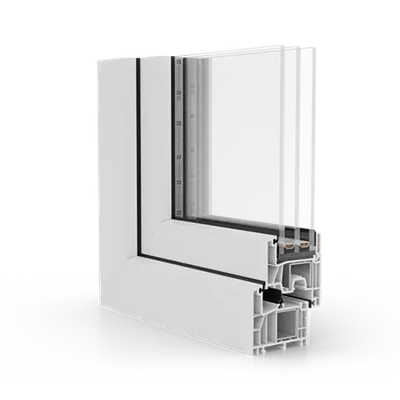 A cross-section of a white UPVC window frame showing multiple chambers, insulation layers, and double-glazed glass panes.